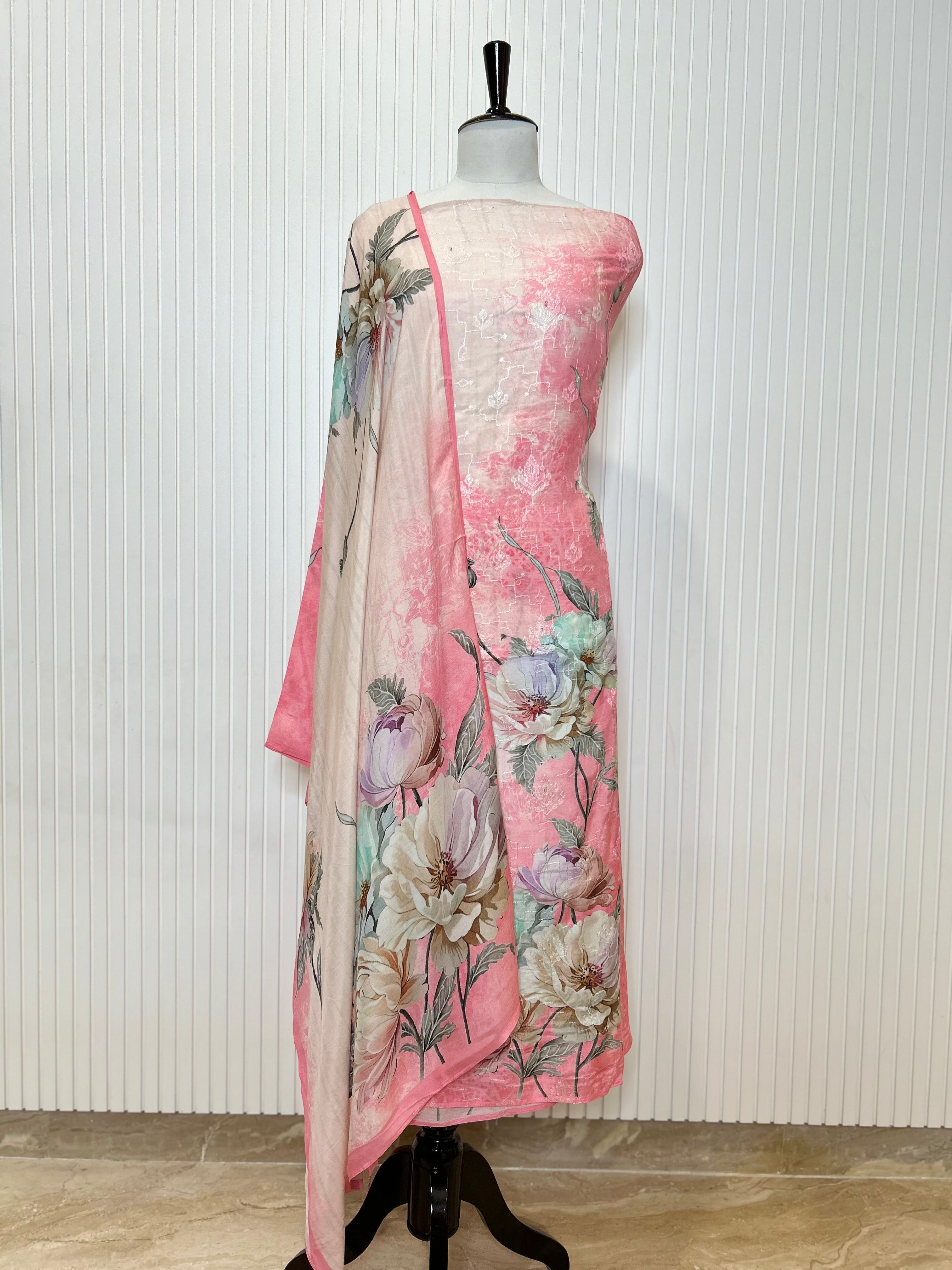 Muslin Cotton Digital Print Unstitched Suit Set with Embroidery Jaal And Floral Printed Dupatta | Premium Suit Material For Women