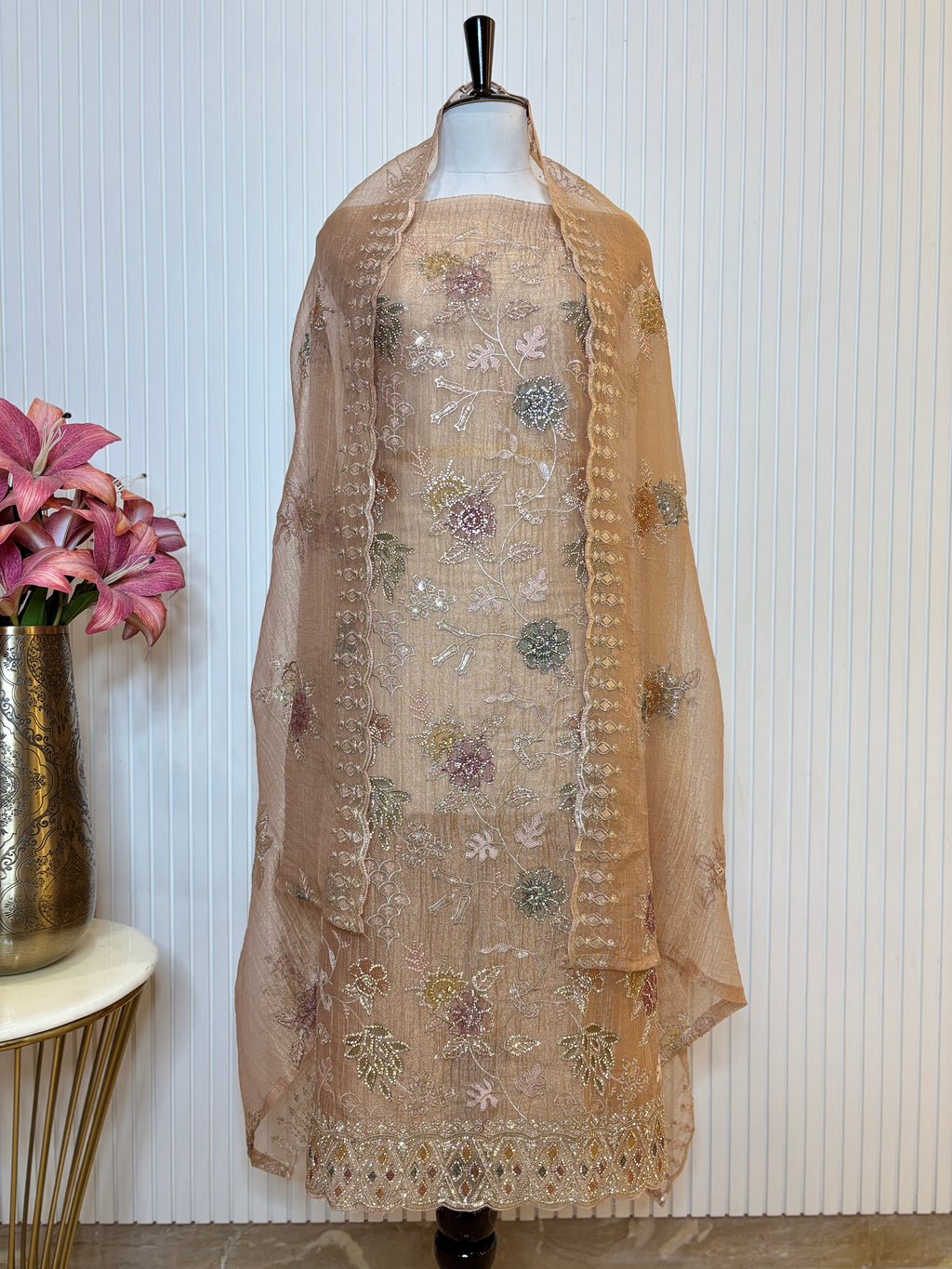 Designer Tissue Crush Embroidered Unstitched Suit, Dupatta with Floral Brush Print and Jarkan Handwork Detailing