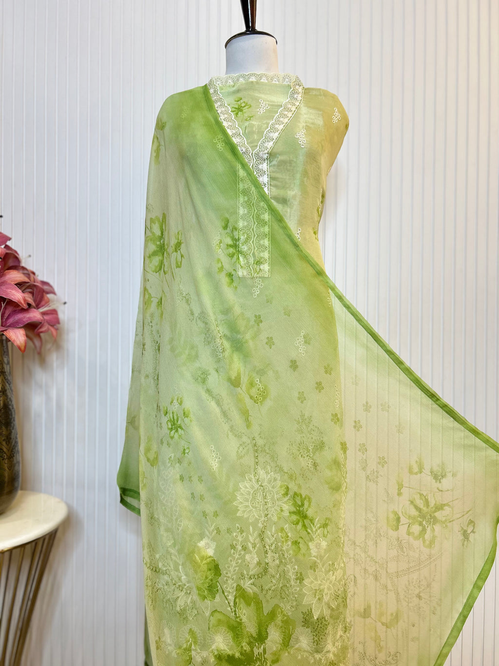 Glass Organza Embroidered Unstitched Suit With Chemical Print Front & Back Paired With Chinon Digital Print Dupatta