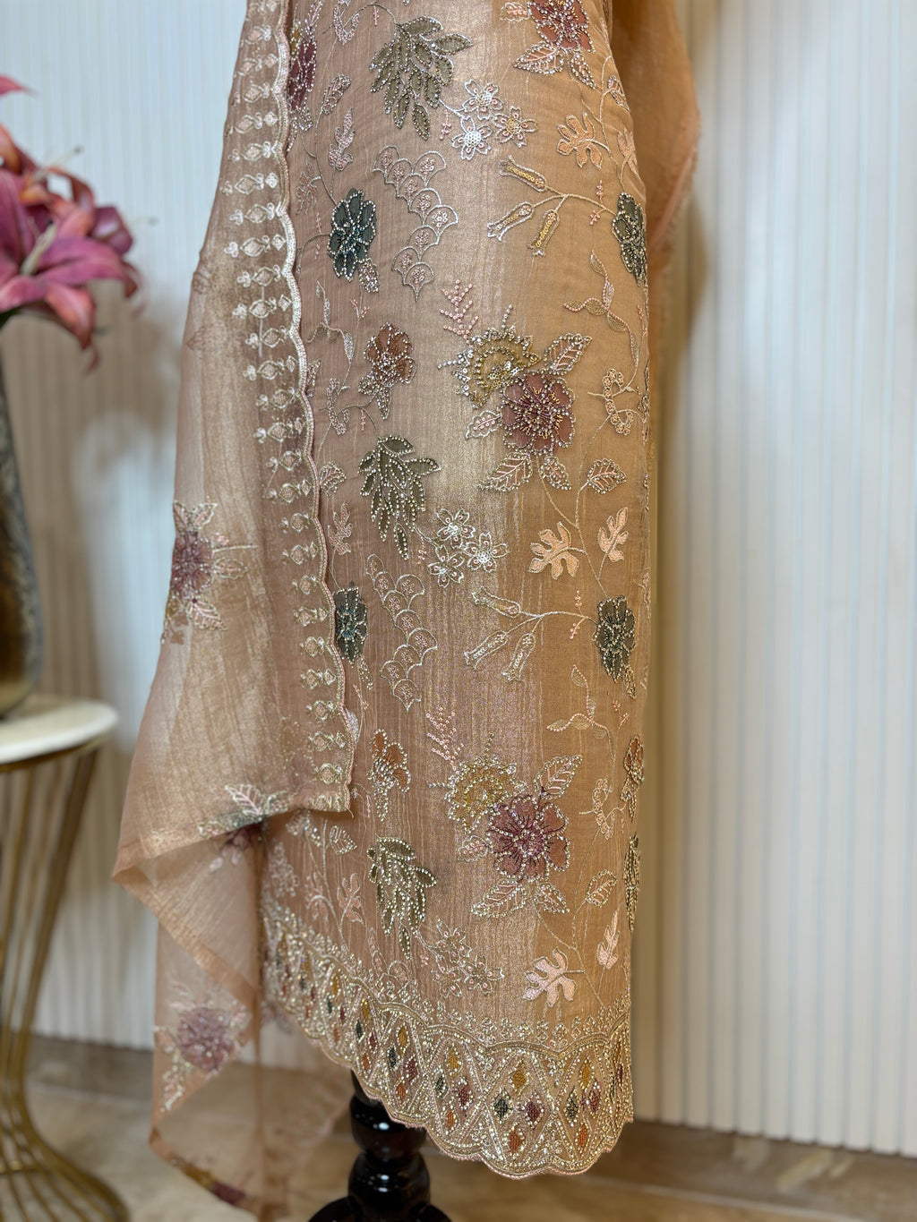 Designer Tissue Crush Embroidered Unstitched Suit, Dupatta with Floral Brush Print and Jarkan Handwork Detailing