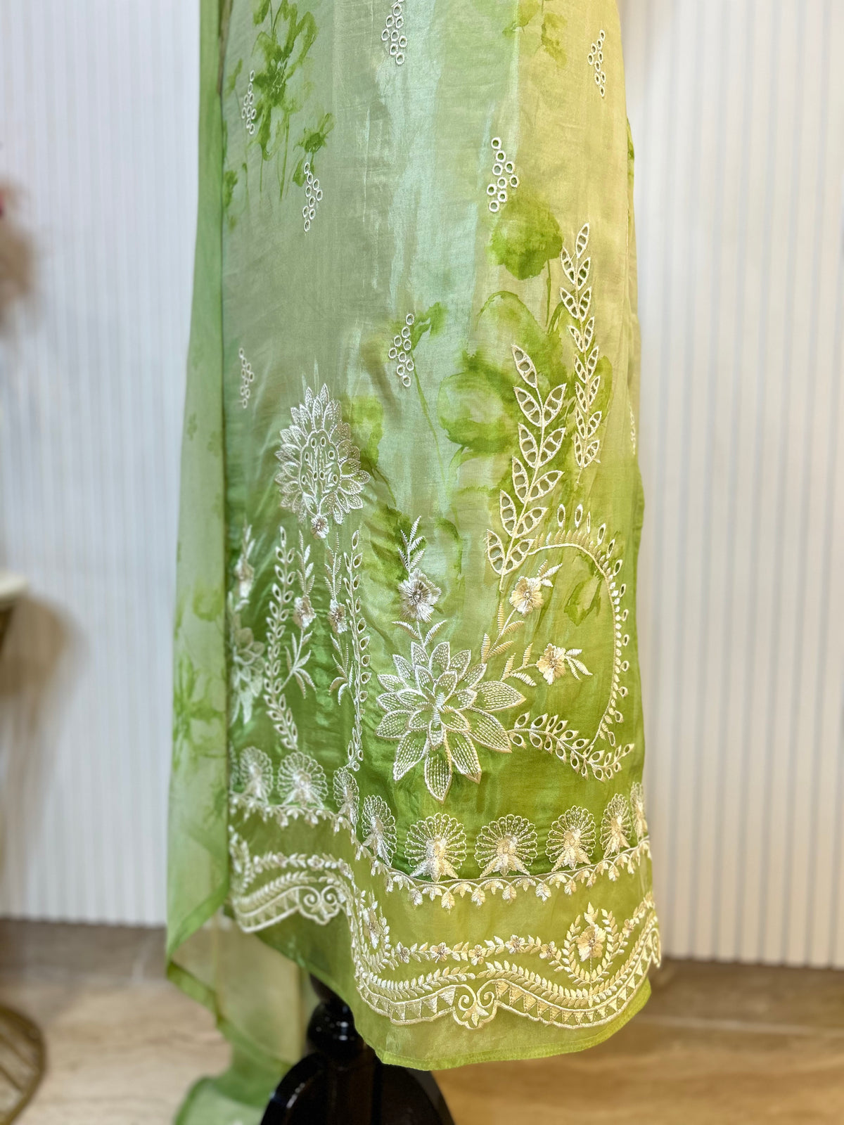 Glass Organza Embroidered Unstitched Suit With Chemical Print Front & Back Paired With Chinon Digital Print Dupatta