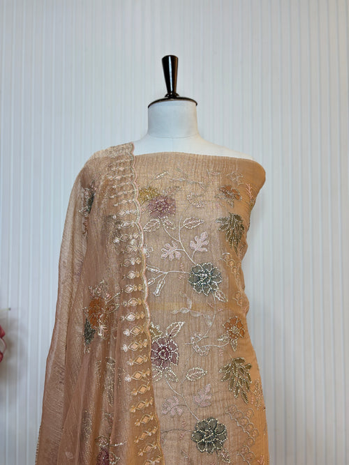Designer Tissue Crush Embroidered Unstitched Suit, Dupatta with Floral Brush Print and Jarkan Handwork Detailing