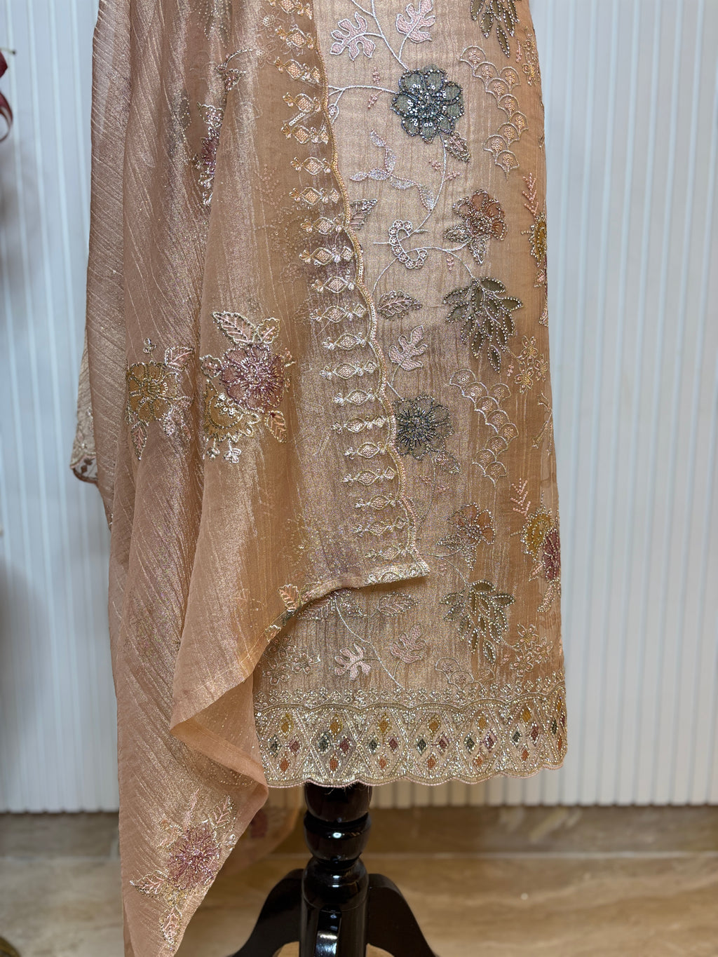 Designer Tissue Crush Embroidered Unstitched Suit, Dupatta with Floral Brush Print and Jarkan Handwork Detailing