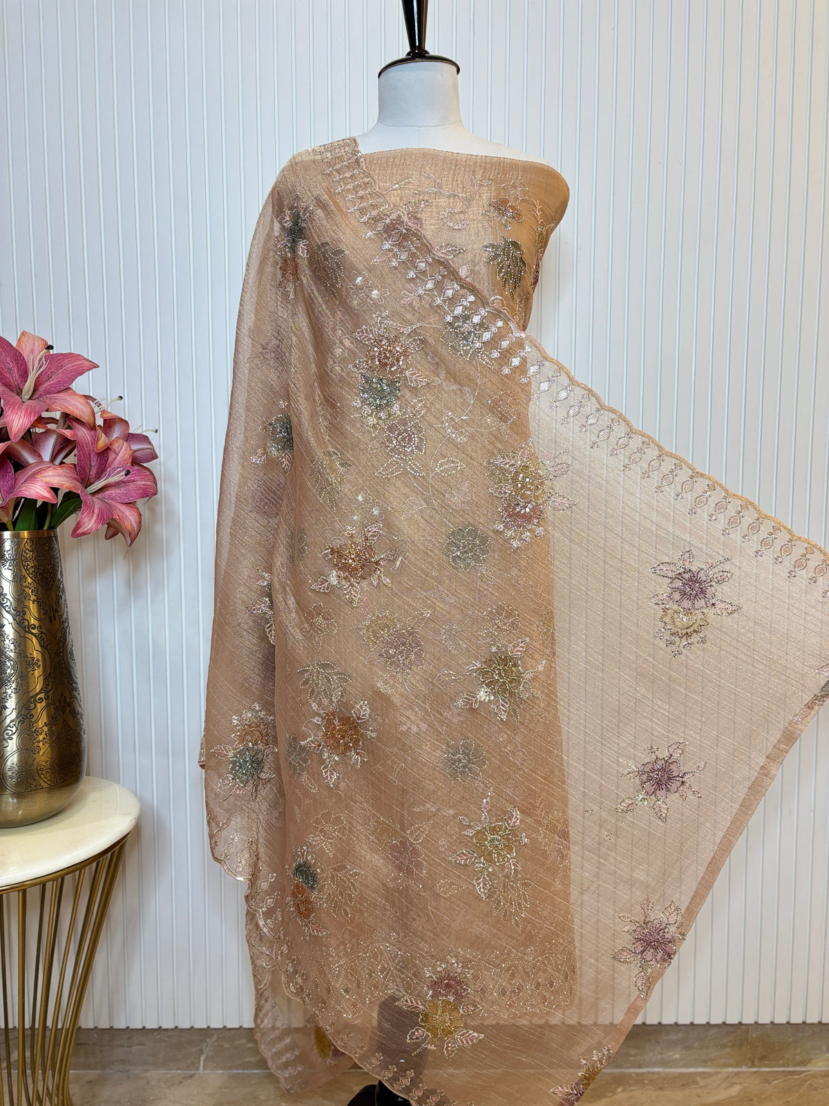 Designer Tissue Crush Embroidered Unstitched Suit, Dupatta with Floral Brush Print and Jarkan Handwork Detailing