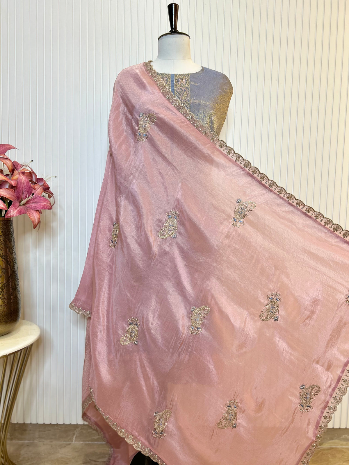 Zari and Thread Embroidered Tanchoi Brocade Unstitched Suit with Cutwork Detailing and Contrast Shimmer Dupatta