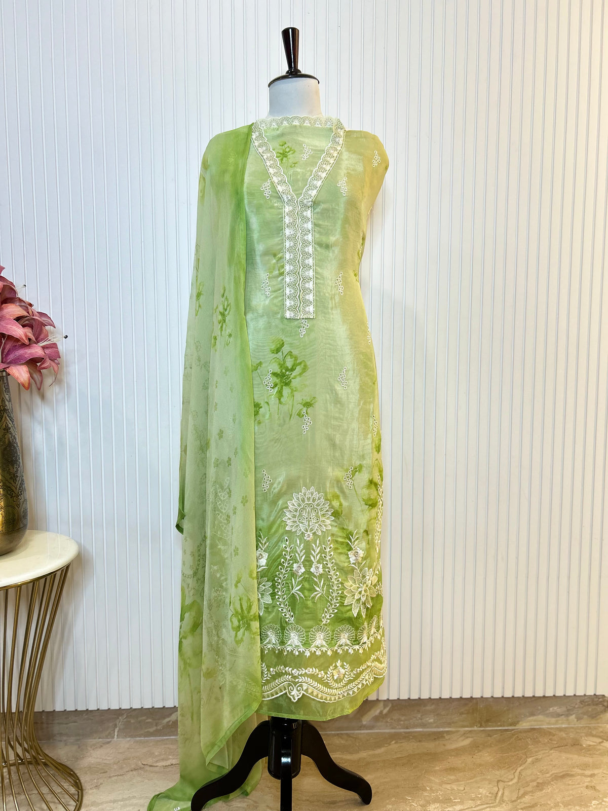 Glass Organza Embroidered Unstitched Suit With Chemical Print Front & Back Paired With Chinon Digital Print Dupatta