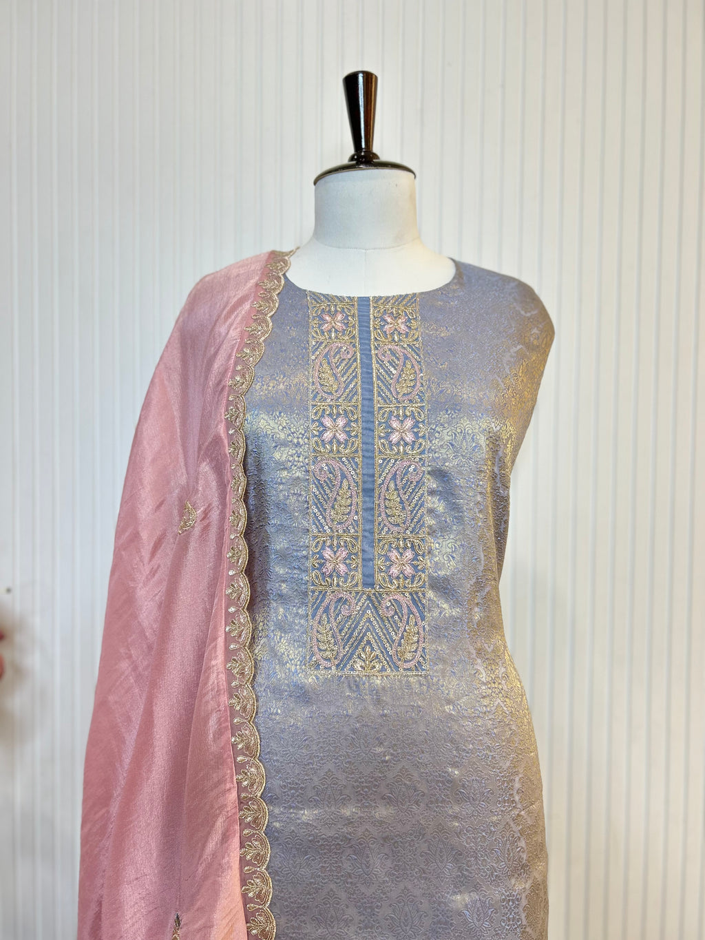 Zari and Thread Embroidered Tanchoi Brocade Unstitched Suit with Cutwork Detailing and Contrast Shimmer Dupatta