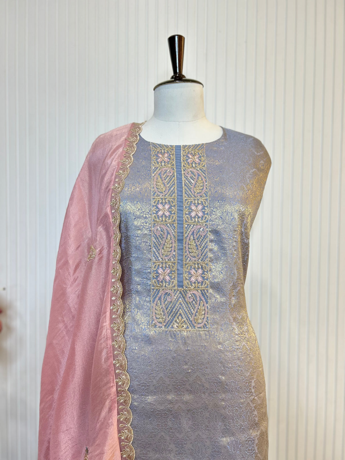 Zari and Thread Embroidered Tanchoi Brocade Unstitched Suit with Cutwork Detailing and Contrast Shimmer Dupatta