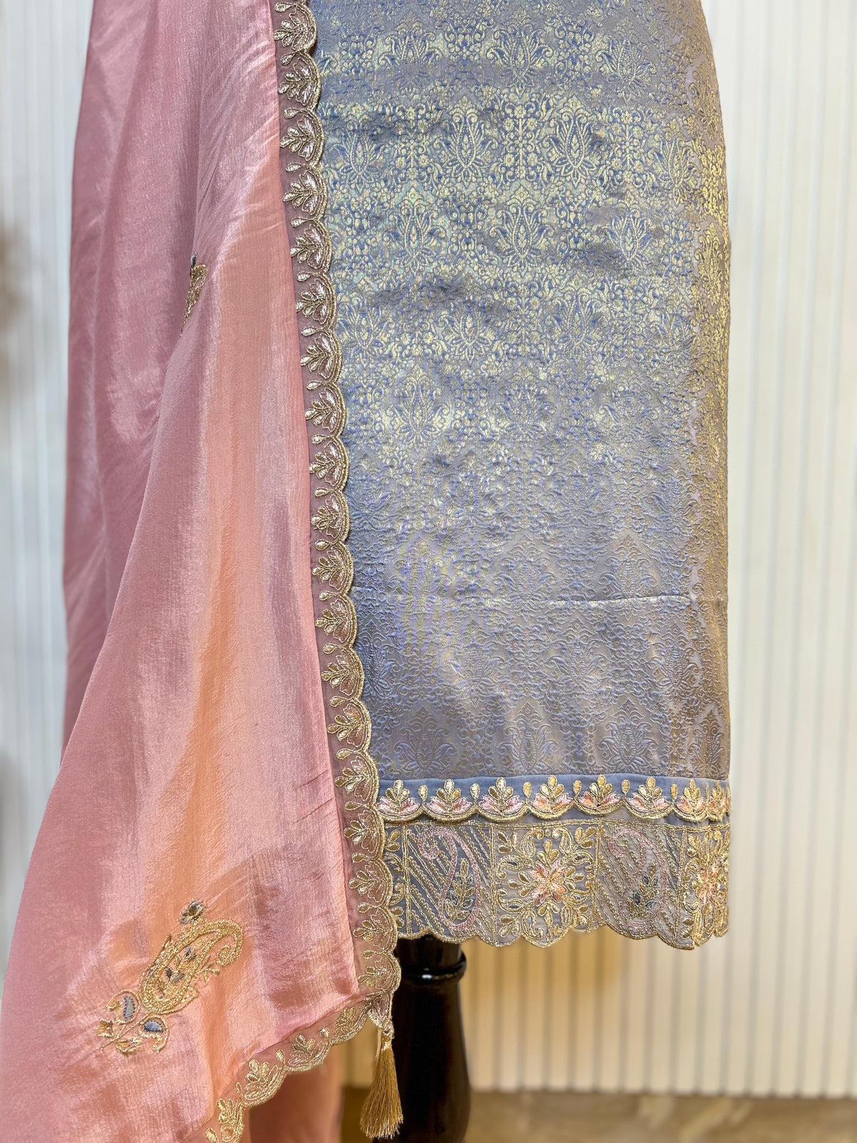 Zari and Thread Embroidered Tanchoi Brocade Unstitched Suit with Cutwork Detailing and Contrast Shimmer Dupatta