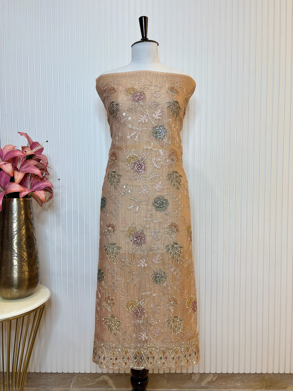 Designer Tissue Crush Embroidered Unstitched Suit, Dupatta with Floral Brush Print and Jarkan Handwork Detailing