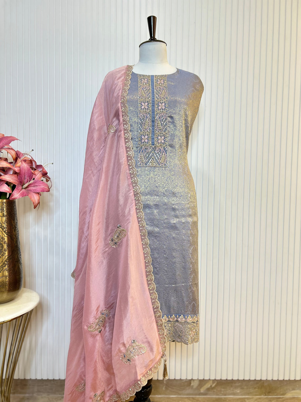 Zari and Thread Embroidered Tanchoi Brocade Unstitched Suit with Cutwork Detailing and Contrast Shimmer Dupatta