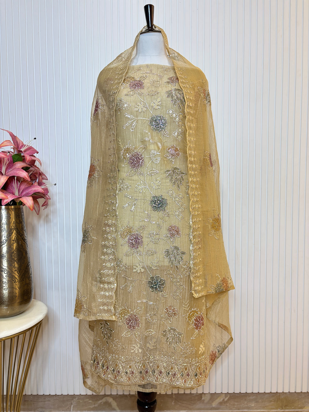 Designer Tissue Crush Embroidered Unstitched Suit, Dupatta with Floral Brush Print and Jarkan Handwork Detailing