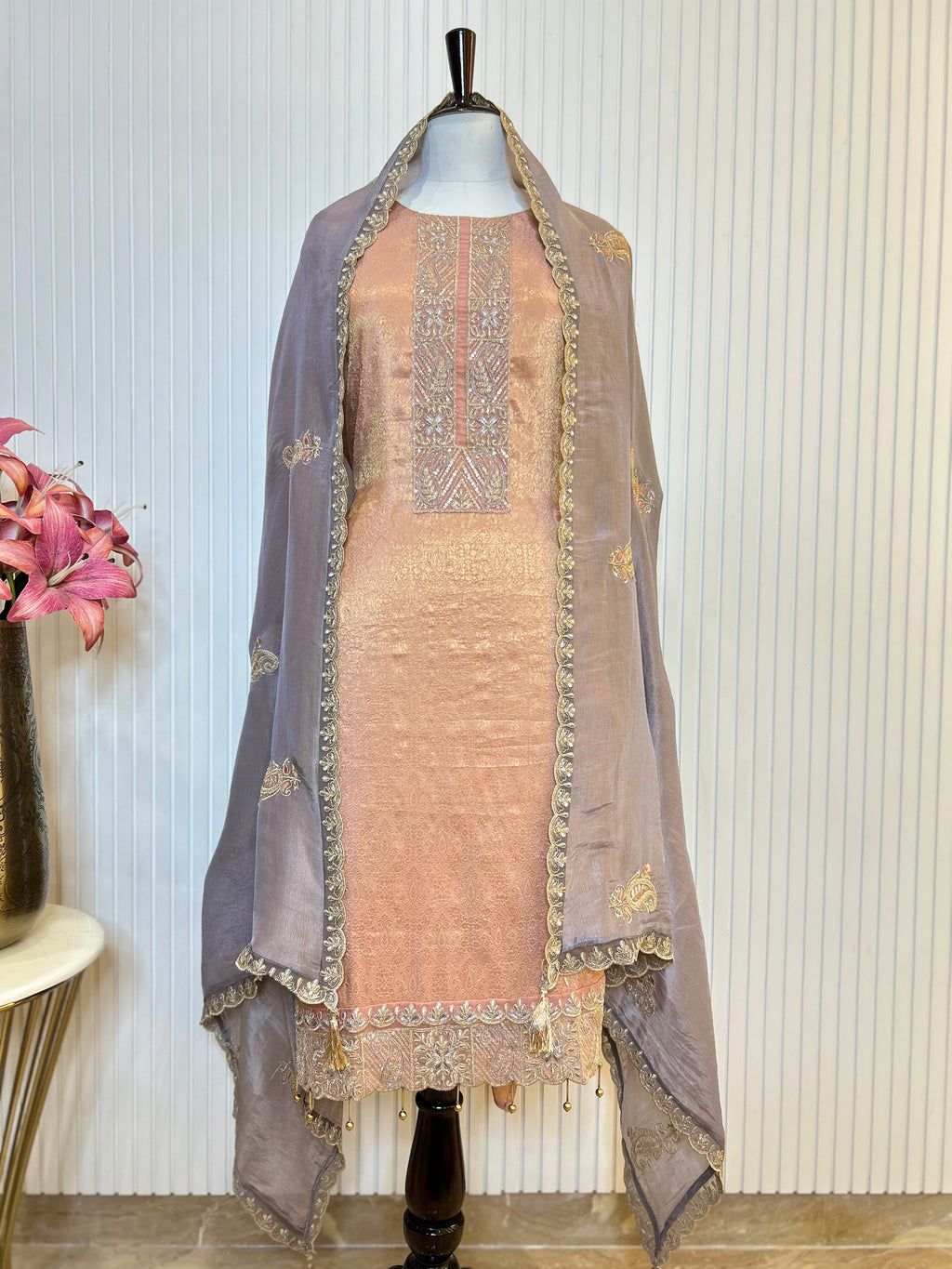 Zari and Thread Embroidered Tanchoi Brocade Unstitched Suit with Cutwork Detailing and Contrast Shimmer Dupatta
