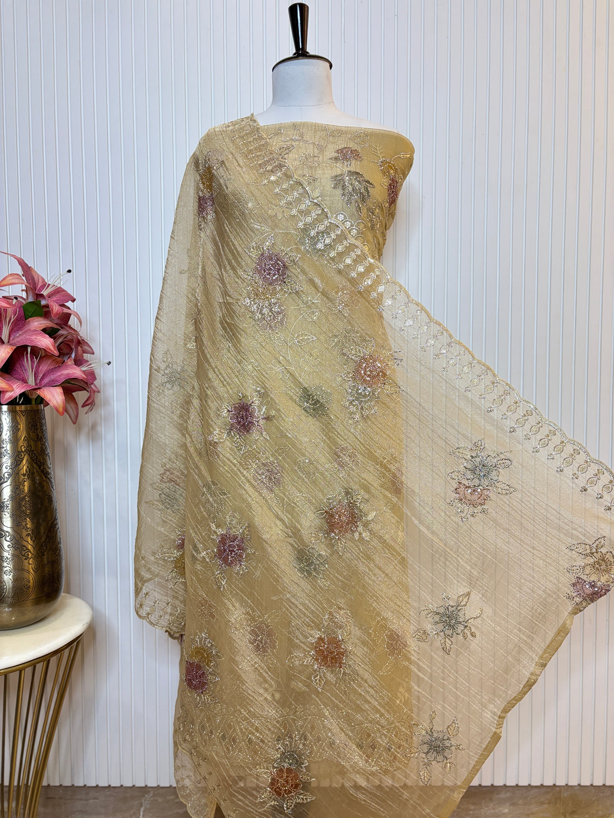Designer Tissue Crush Embroidered Unstitched Suit, Dupatta with Floral Brush Print and Jarkan Handwork Detailing