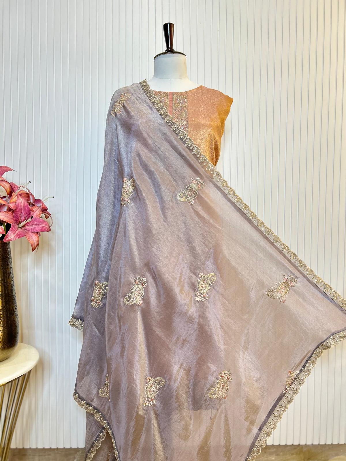 Zari and Thread Embroidered Tanchoi Brocade Unstitched Suit with Cutwork Detailing and Contrast Shimmer Dupatta