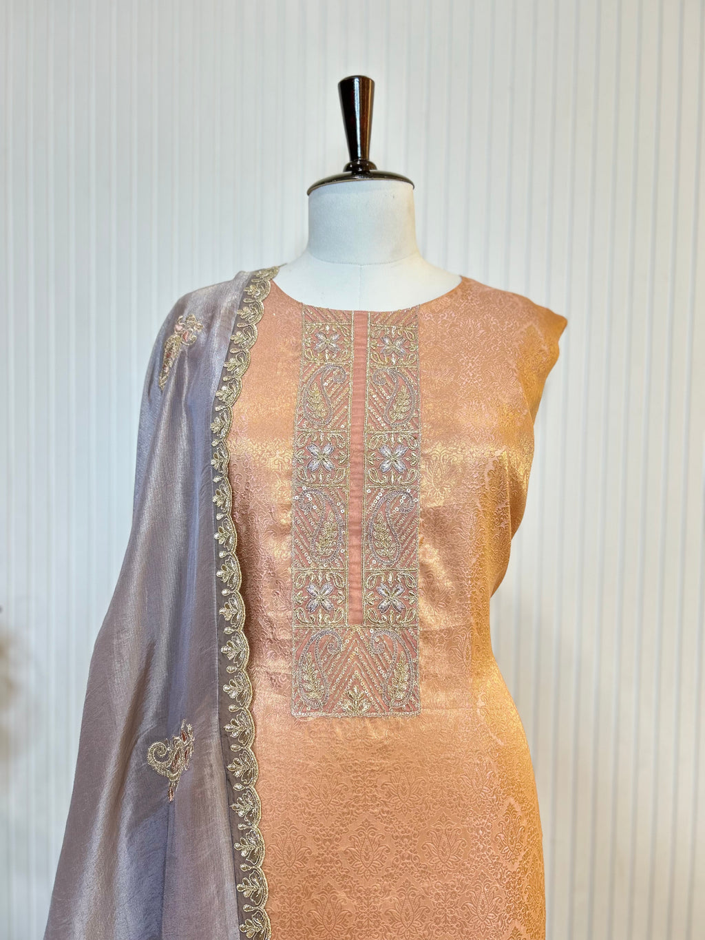 Zari and Thread Embroidered Tanchoi Brocade Unstitched Suit with Cutwork Detailing and Contrast Shimmer Dupatta