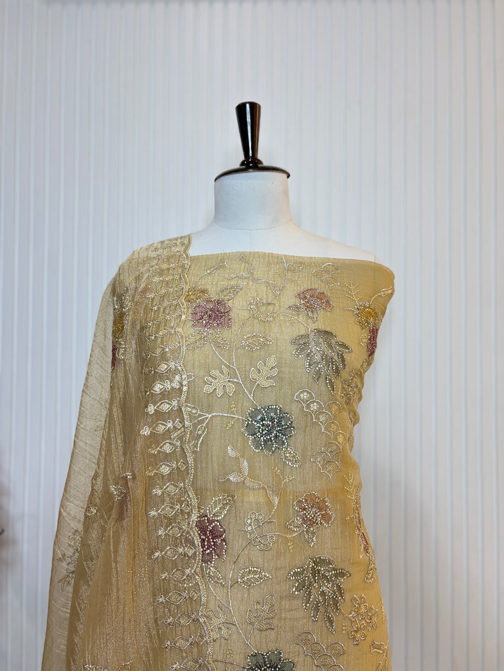 Designer Tissue Crush Embroidered Unstitched Suit, Dupatta with Floral Brush Print and Jarkan Handwork Detailing