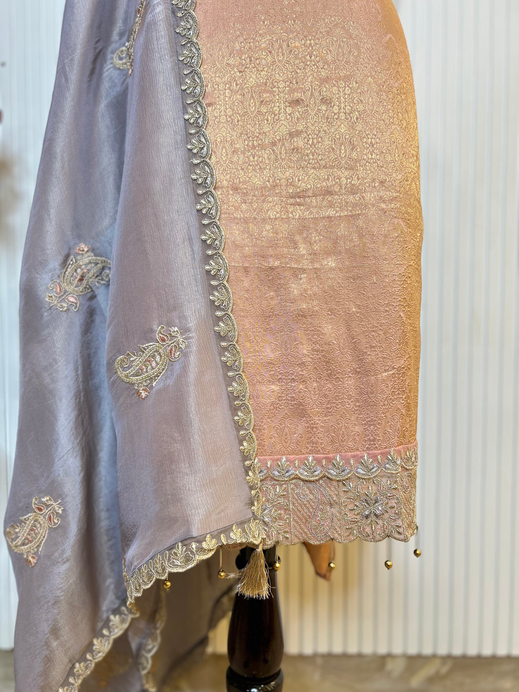 Zari and Thread Embroidered Tanchoi Brocade Unstitched Suit with Cutwork Detailing and Contrast Shimmer Dupatta