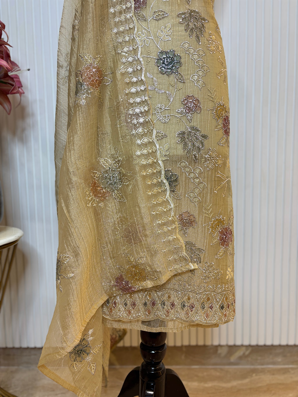 Designer Tissue Crush Embroidered Unstitched Suit, Dupatta with Floral Brush Print and Jarkan Handwork Detailing