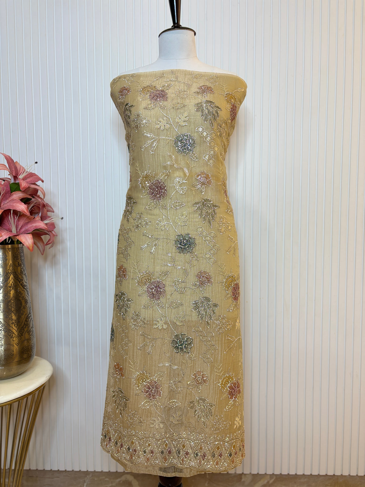 Designer Tissue Crush Embroidered Unstitched Suit, Dupatta with Floral Brush Print and Jarkan Handwork Detailing