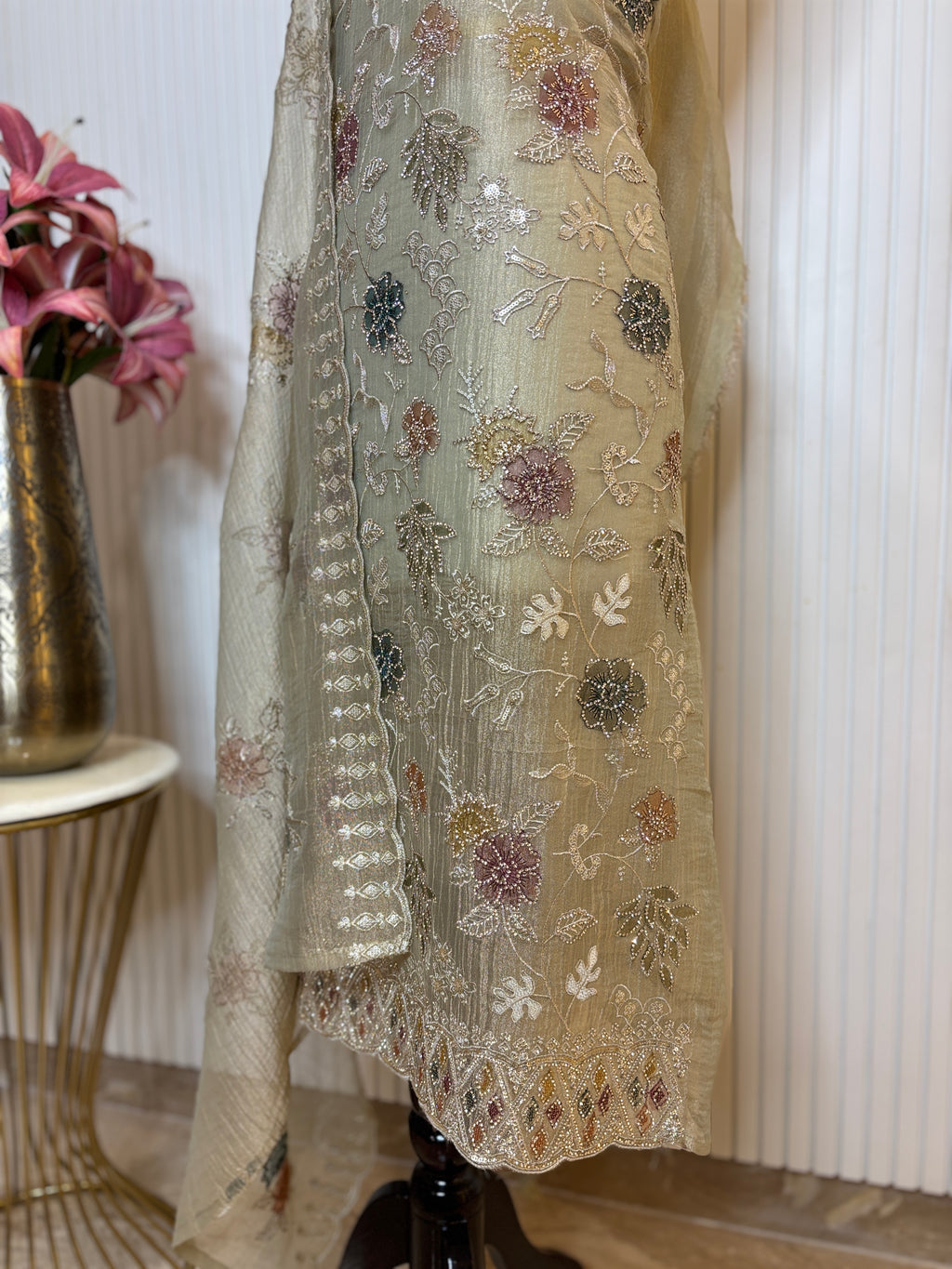 Designer Tissue Crush Embroidered Unstitched Suit, Dupatta with Floral Brush Print and Jarkan Handwork Detailing
