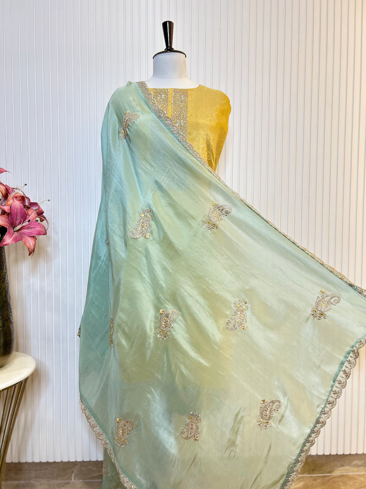 Zari and Thread Embroidered Tanchoi Brocade Unstitched Suit with Cutwork Detailing and Contrast Shimmer Dupatta