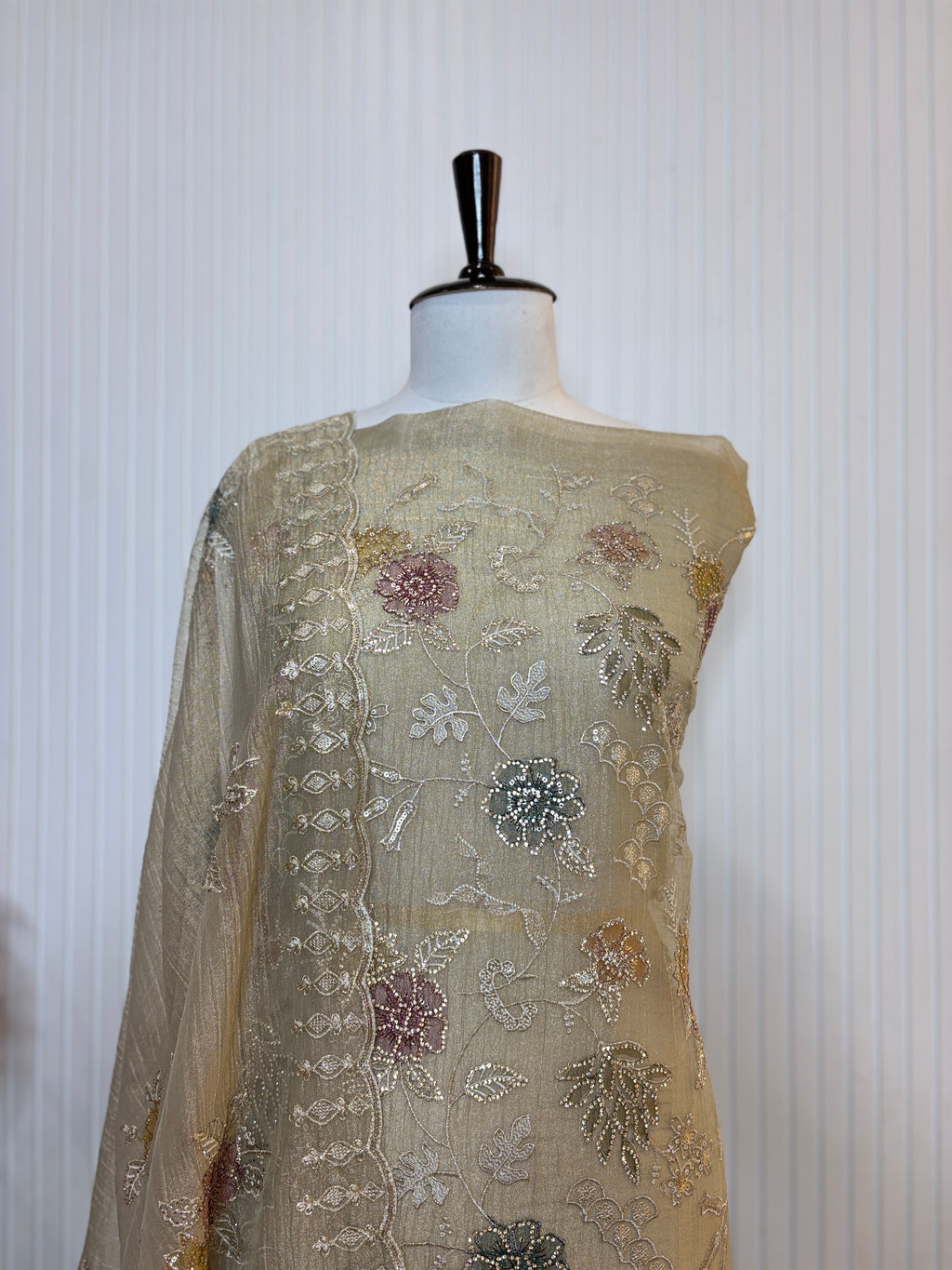 Designer Tissue Crush Embroidered Unstitched Suit, Dupatta with Floral Brush Print and Jarkan Handwork Detailing