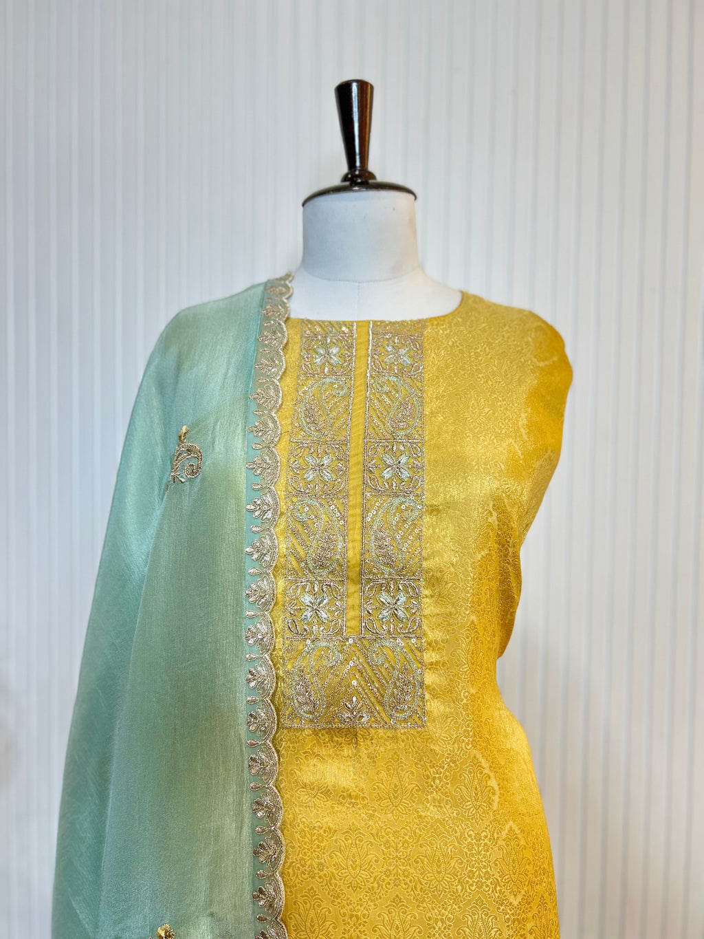 Zari and Thread Embroidered Tanchoi Brocade Unstitched Suit with Cutwork Detailing and Contrast Shimmer Dupatta
