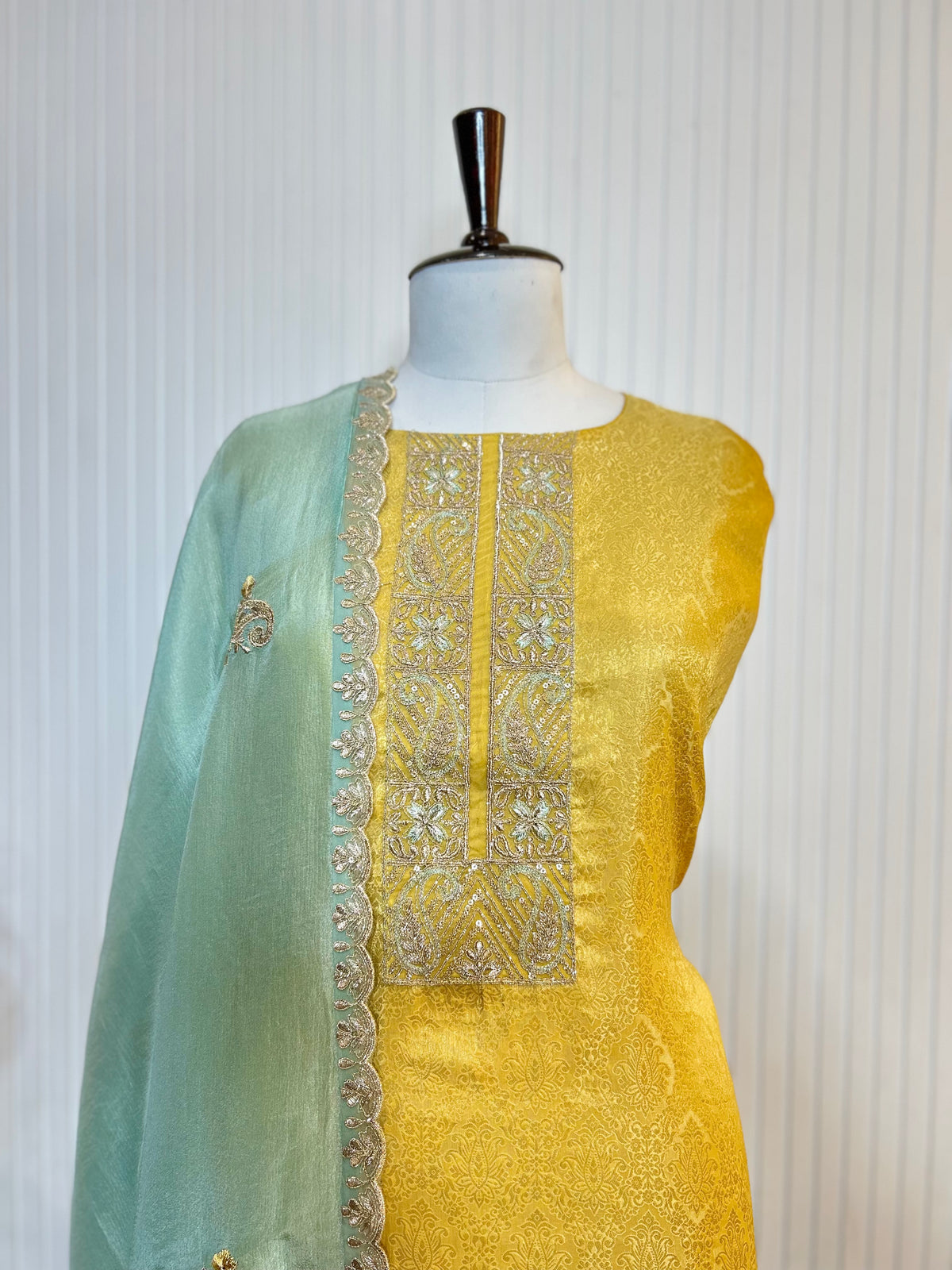 Zari and Thread Embroidered Tanchoi Brocade Unstitched Suit with Cutwork Detailing and Contrast Shimmer Dupatta