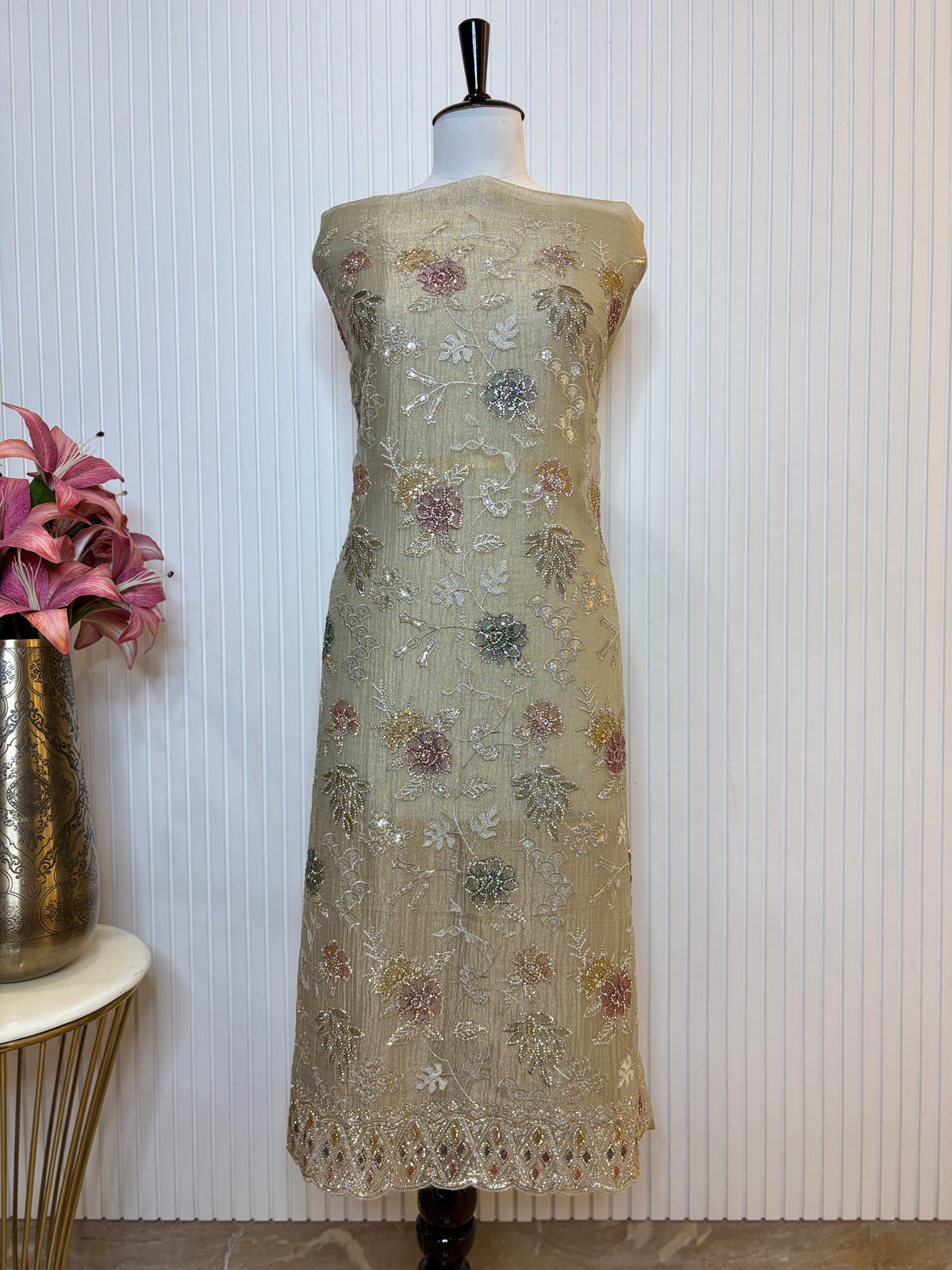 Designer Tissue Crush Embroidered Unstitched Suit, Dupatta with Floral Brush Print and Jarkan Handwork Detailing
