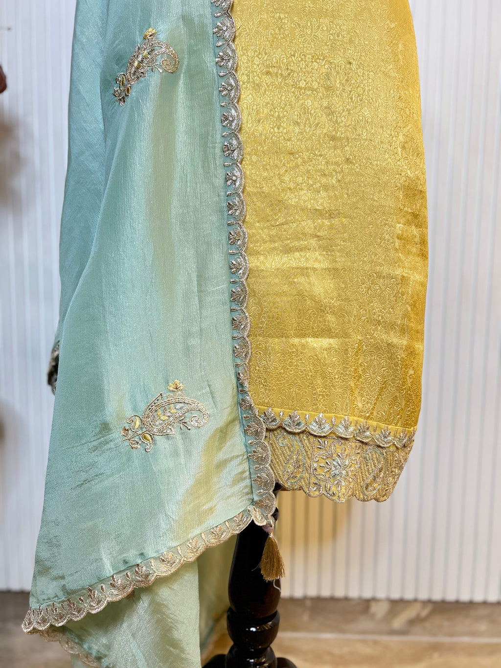 Zari and Thread Embroidered Tanchoi Brocade Unstitched Suit with Cutwork Detailing and Contrast Shimmer Dupatta