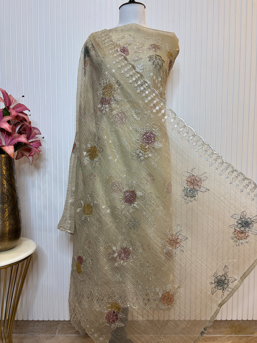 Designer Tissue Crush Embroidered Unstitched Suit, Dupatta with Floral Brush Print and Jarkan Handwork Detailing