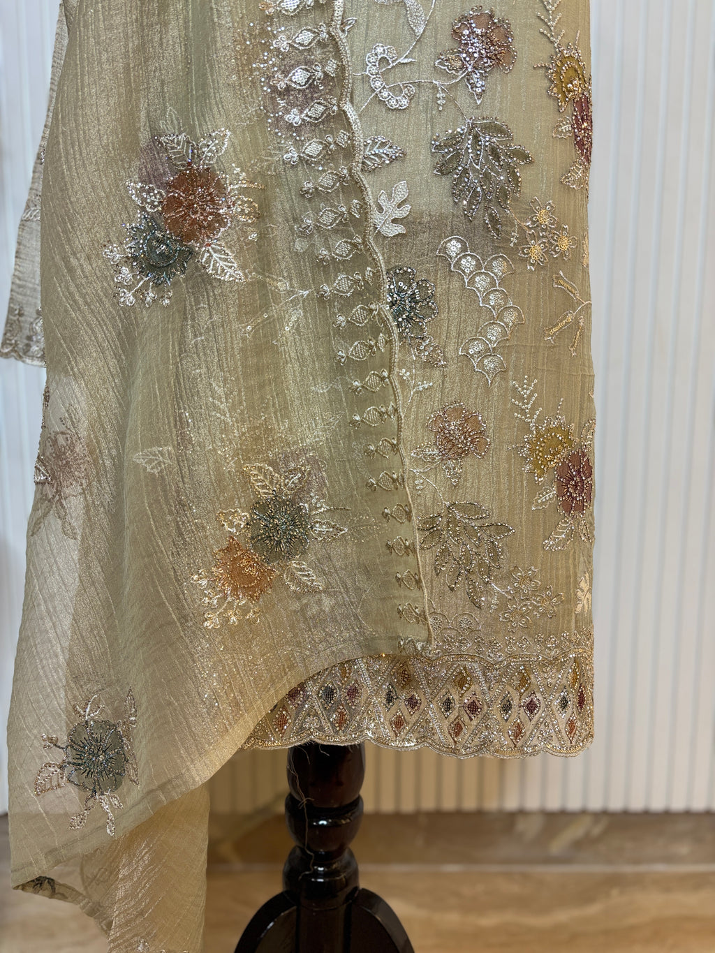 Designer Tissue Crush Embroidered Unstitched Suit, Dupatta with Floral Brush Print and Jarkan Handwork Detailing