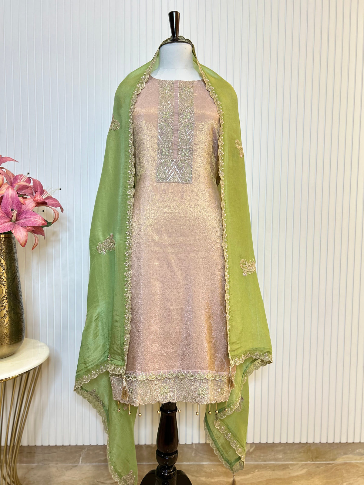 Zari and Thread Embroidered Tanchoi Brocade Unstitched Suit with Cutwork Detailing and Contrast Shimmer Dupatta