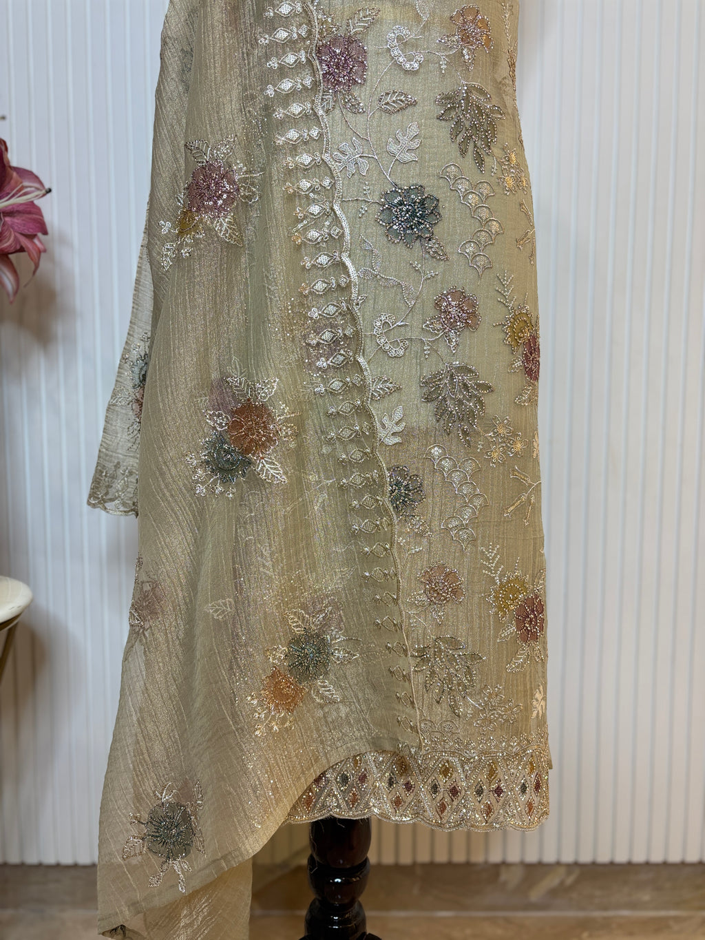 Designer Tissue Crush Embroidered Unstitched Suit, Dupatta with Floral Brush Print and Jarkan Handwork Detailing