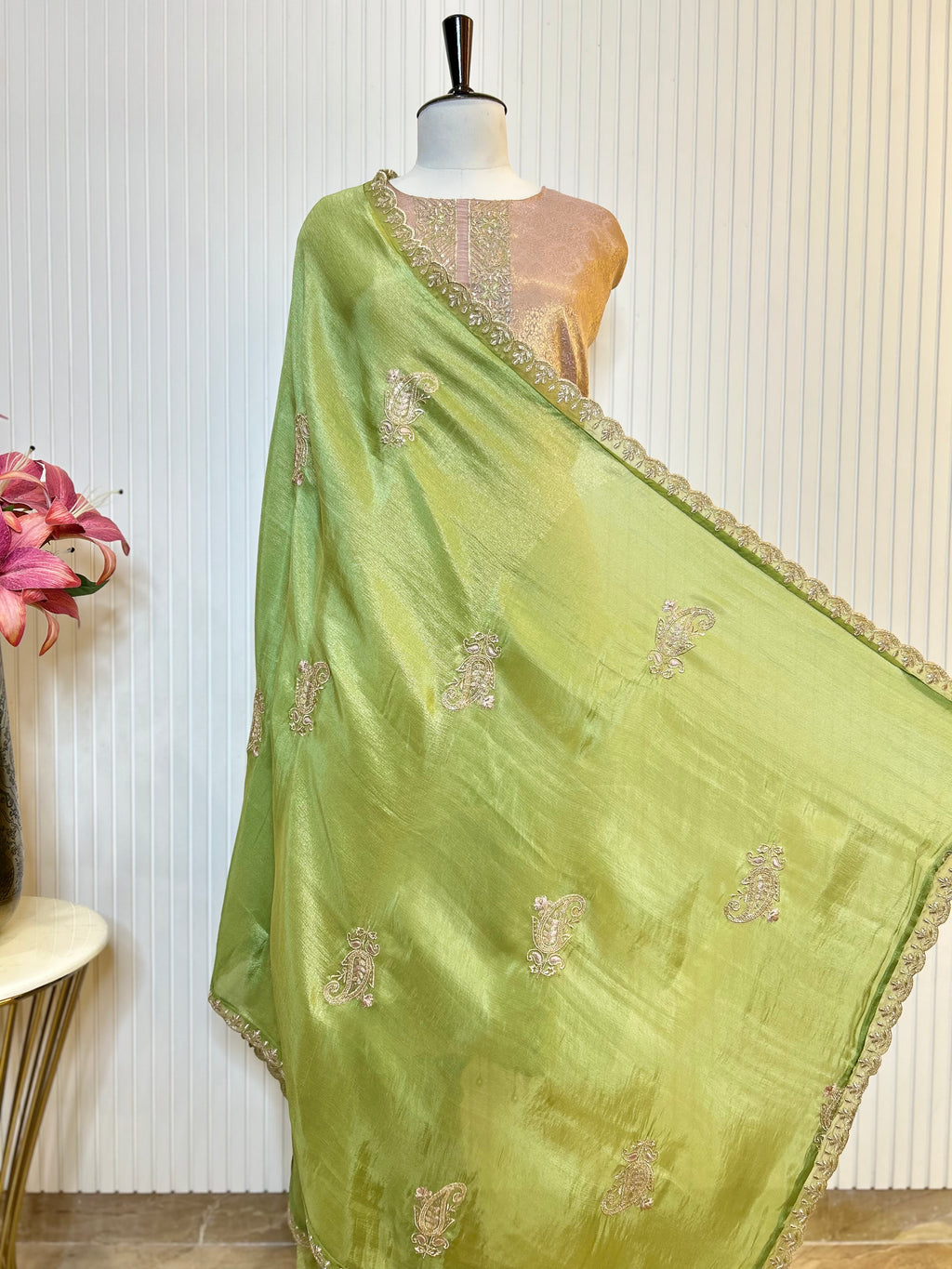 Zari and Thread Embroidered Tanchoi Brocade Unstitched Suit with Cutwork Detailing and Contrast Shimmer Dupatta