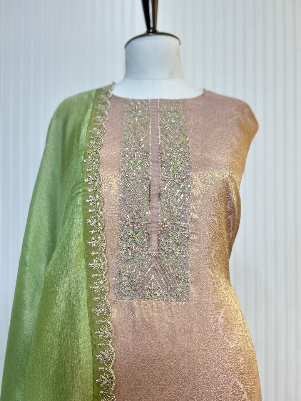 Zari and Thread Embroidered Tanchoi Brocade Unstitched Suit with Cutwork Detailing and Contrast Shimmer Dupatta
