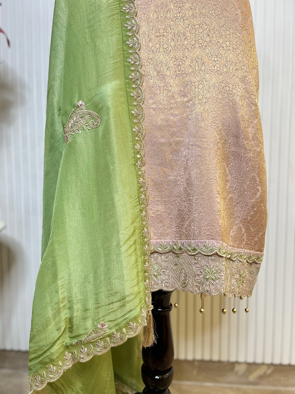 Zari and Thread Embroidered Tanchoi Brocade Unstitched Suit with Cutwork Detailing and Contrast Shimmer Dupatta